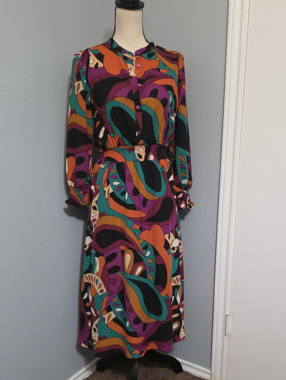 NWT Long Sleeve Retro Print Midi Dress in Teal, Purple & Orange Sz S